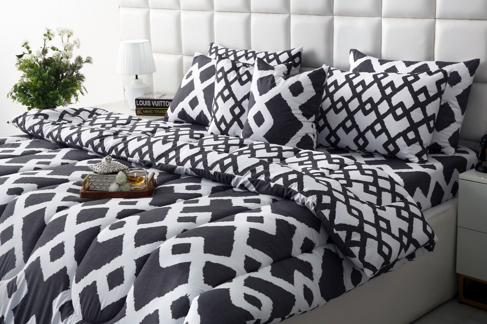 8 PCs Winter Razai Set-Grey Diamond Comforters Apricot