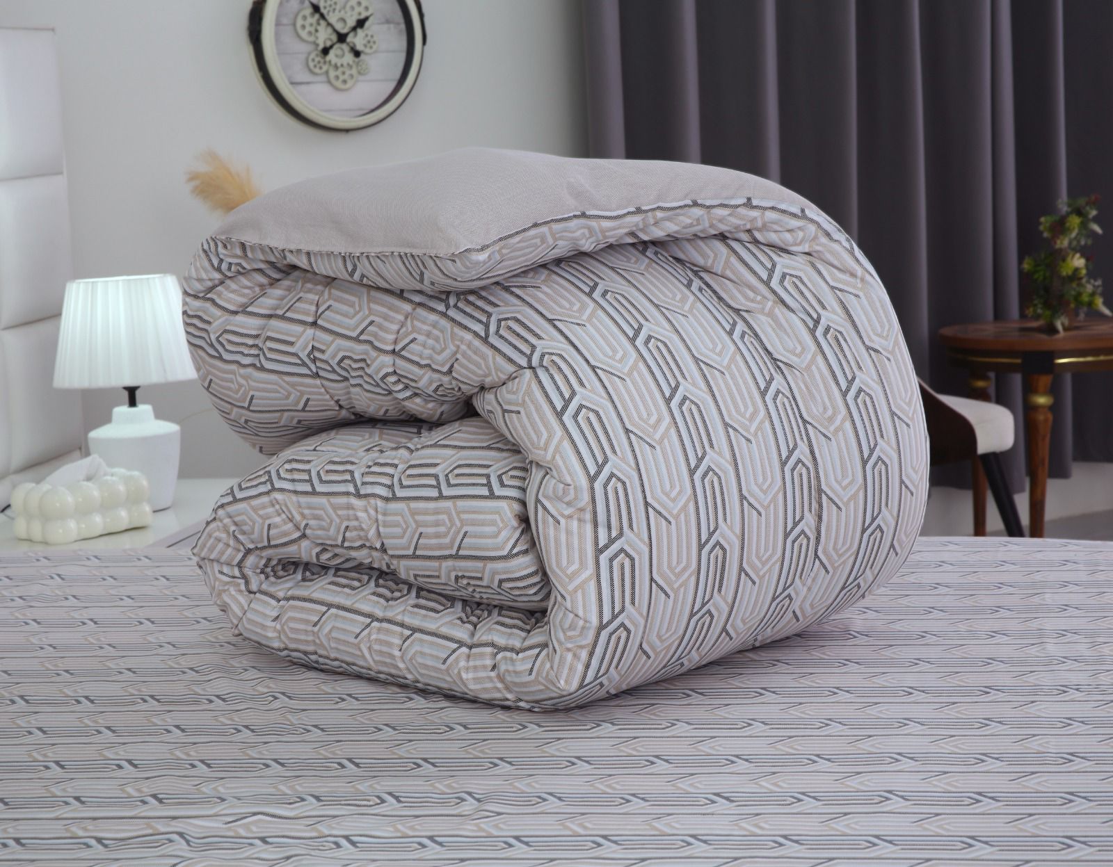 8 PCs Winter Razai Set-Beige Shapes Comforters Apricot