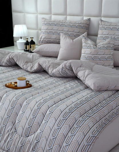 8 PCs Winter Razai Set-Beige Shapes Comforters Apricot