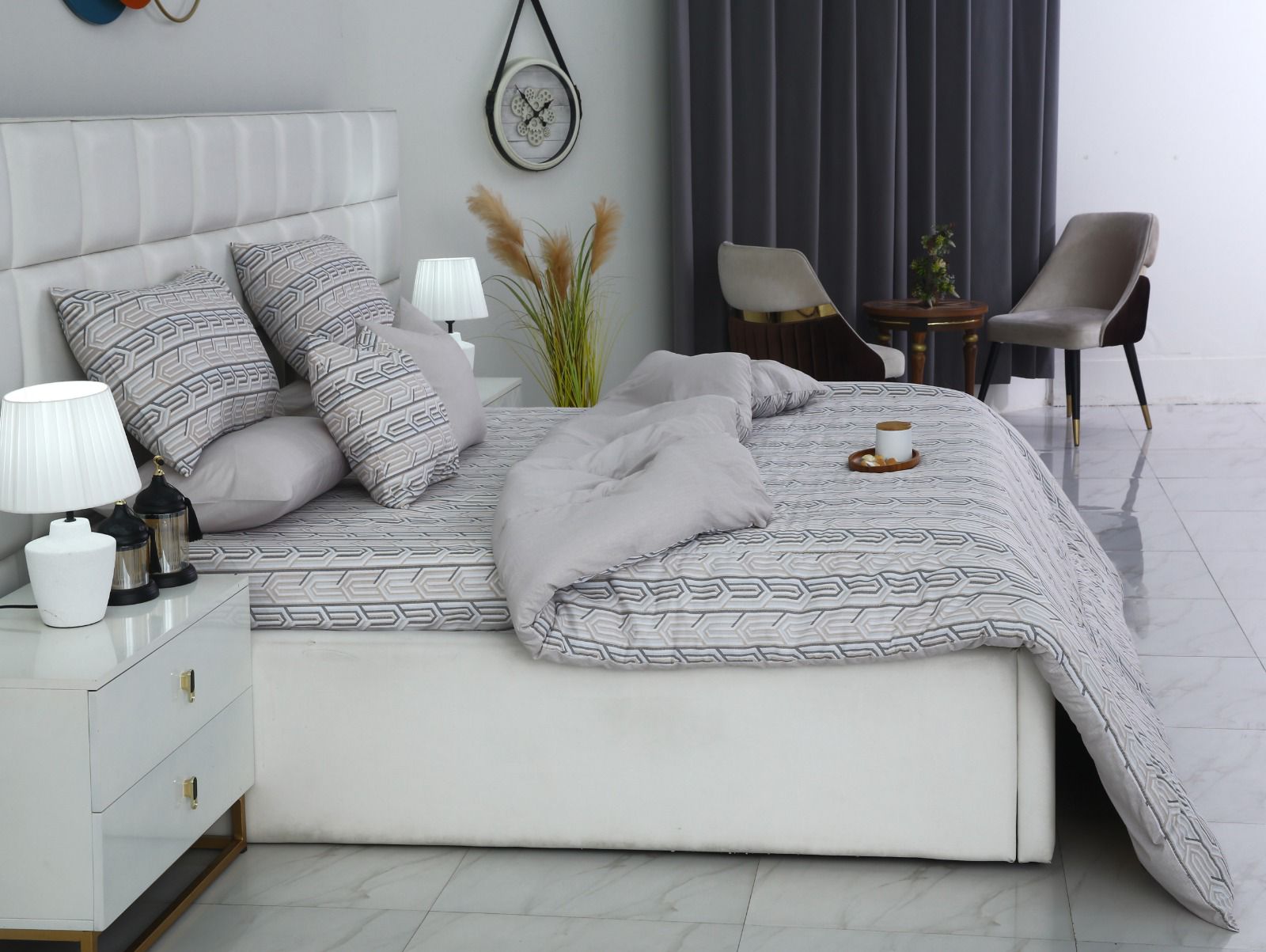 8 PCs Winter Razai Set-Beige Shapes Comforters Apricot