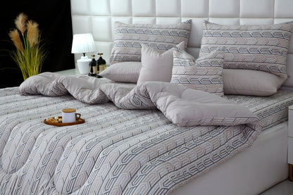 8 PCs Winter Razai Set-Beige Shapes Comforters Apricot