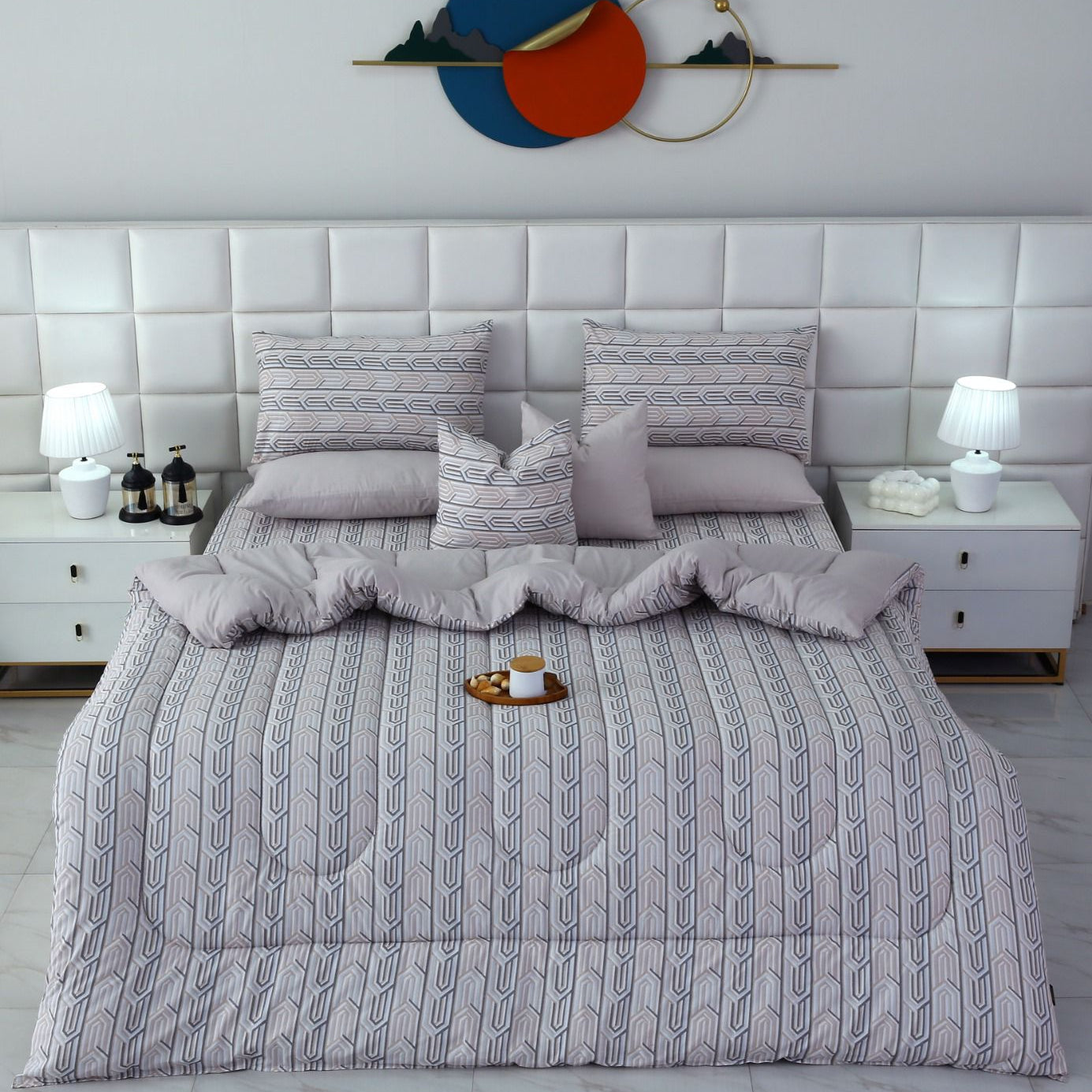 8 PCs Winter Razai Set-Beige Shapes Comforters Apricot