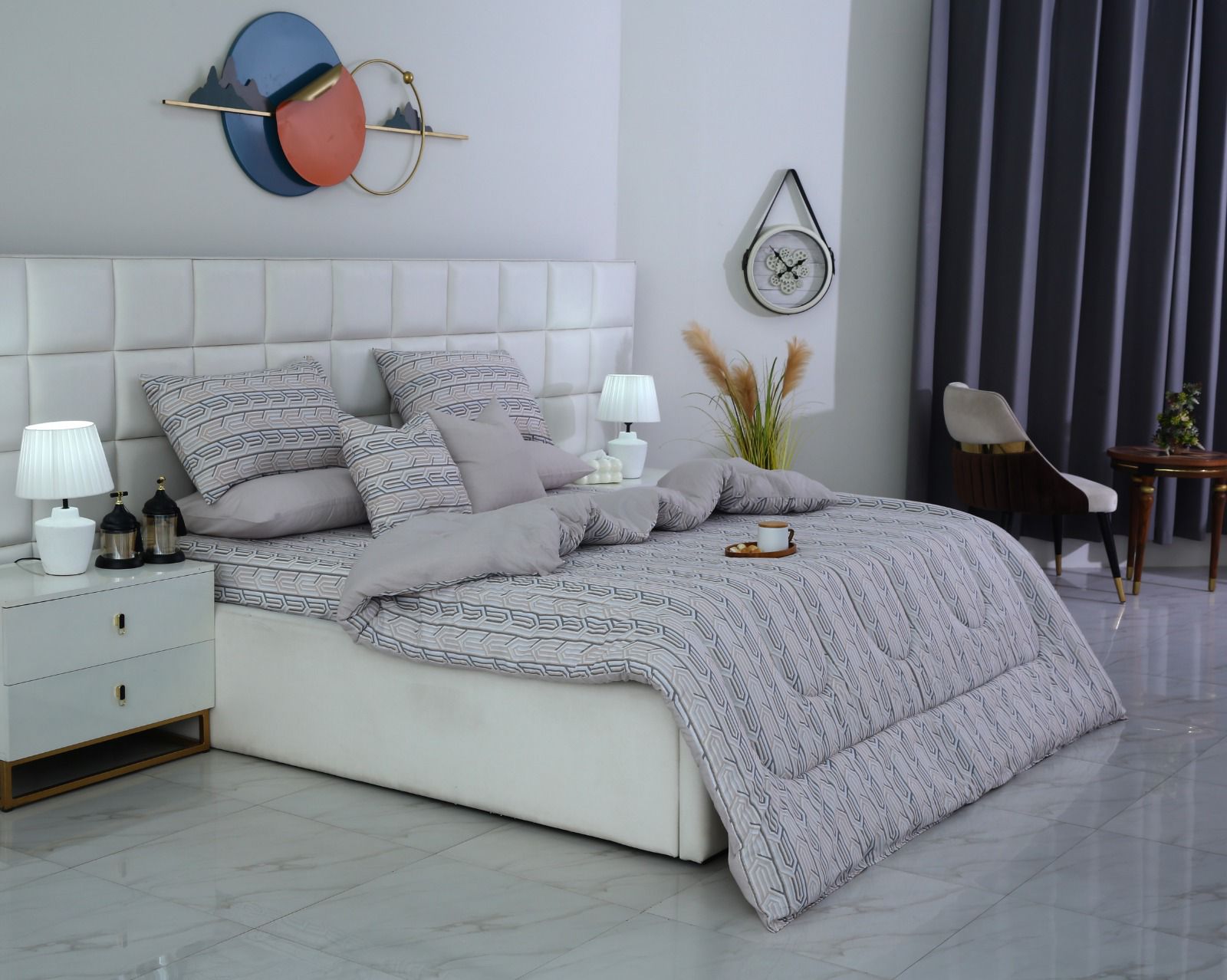 8 PCs Winter Razai Set-Beige Shapes Comforters Apricot