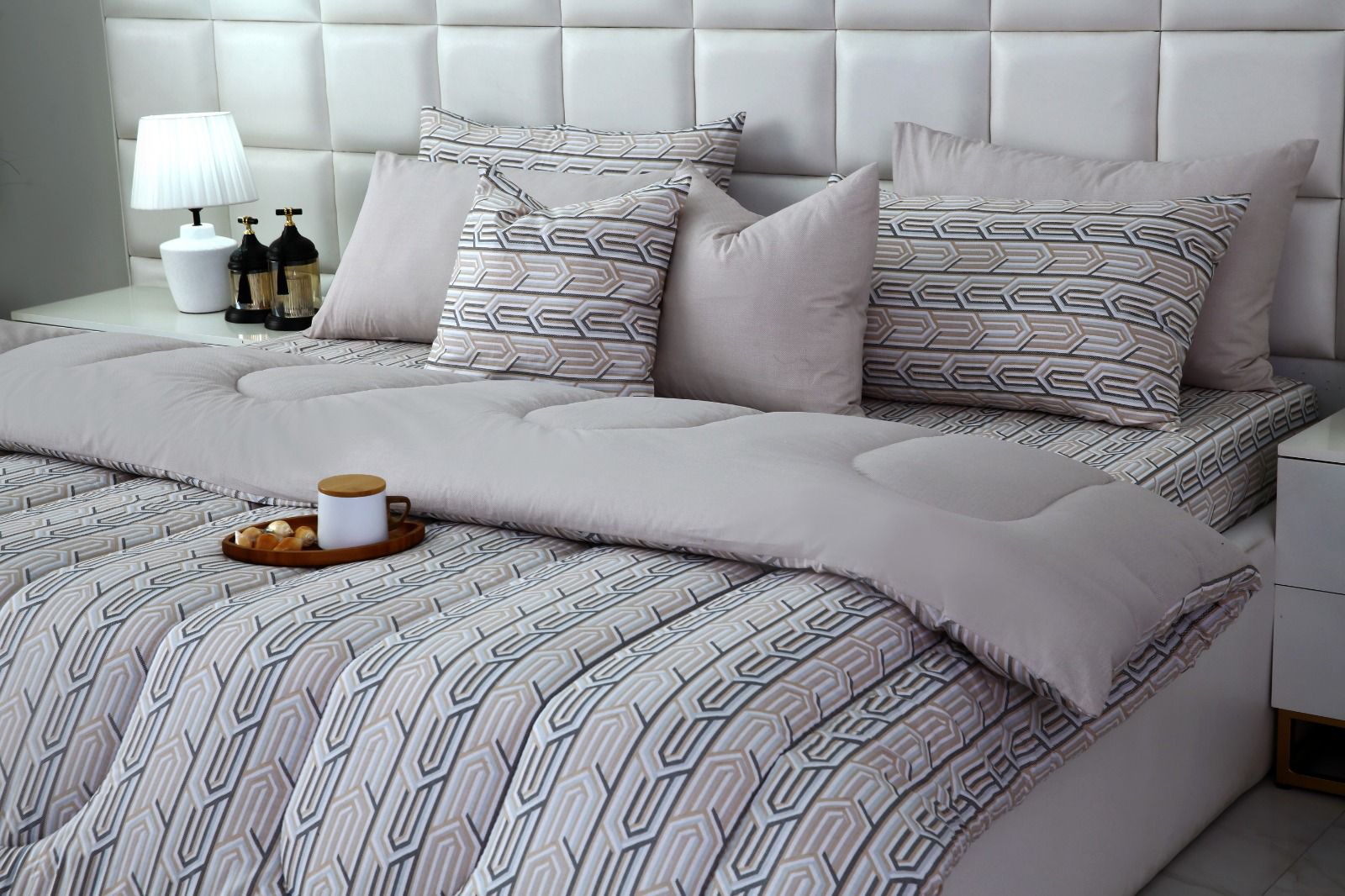 8 PCs Winter Razai Set-Beige Shapes Comforters Apricot