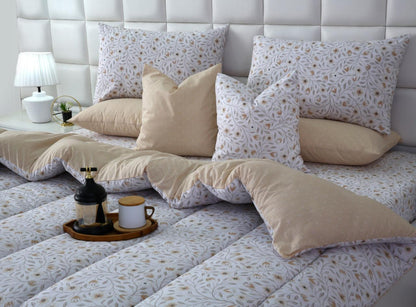 8 PCs Winter Razai Set-Corsage Flower Comforters Apricot