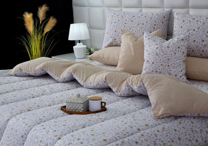 8 PCs Winter Razai Set-Corsage Flower Comforters Apricot