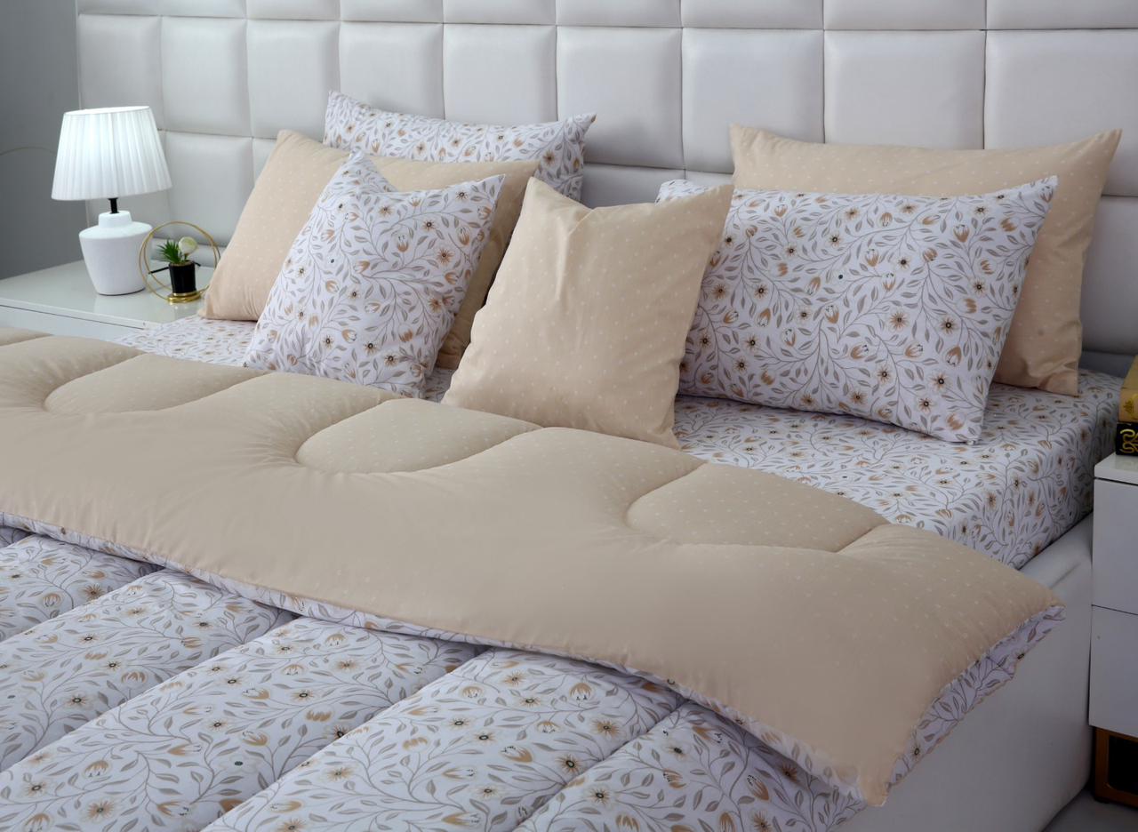 8 PCs Winter Razai Set-Corsage Flower Comforters Apricot