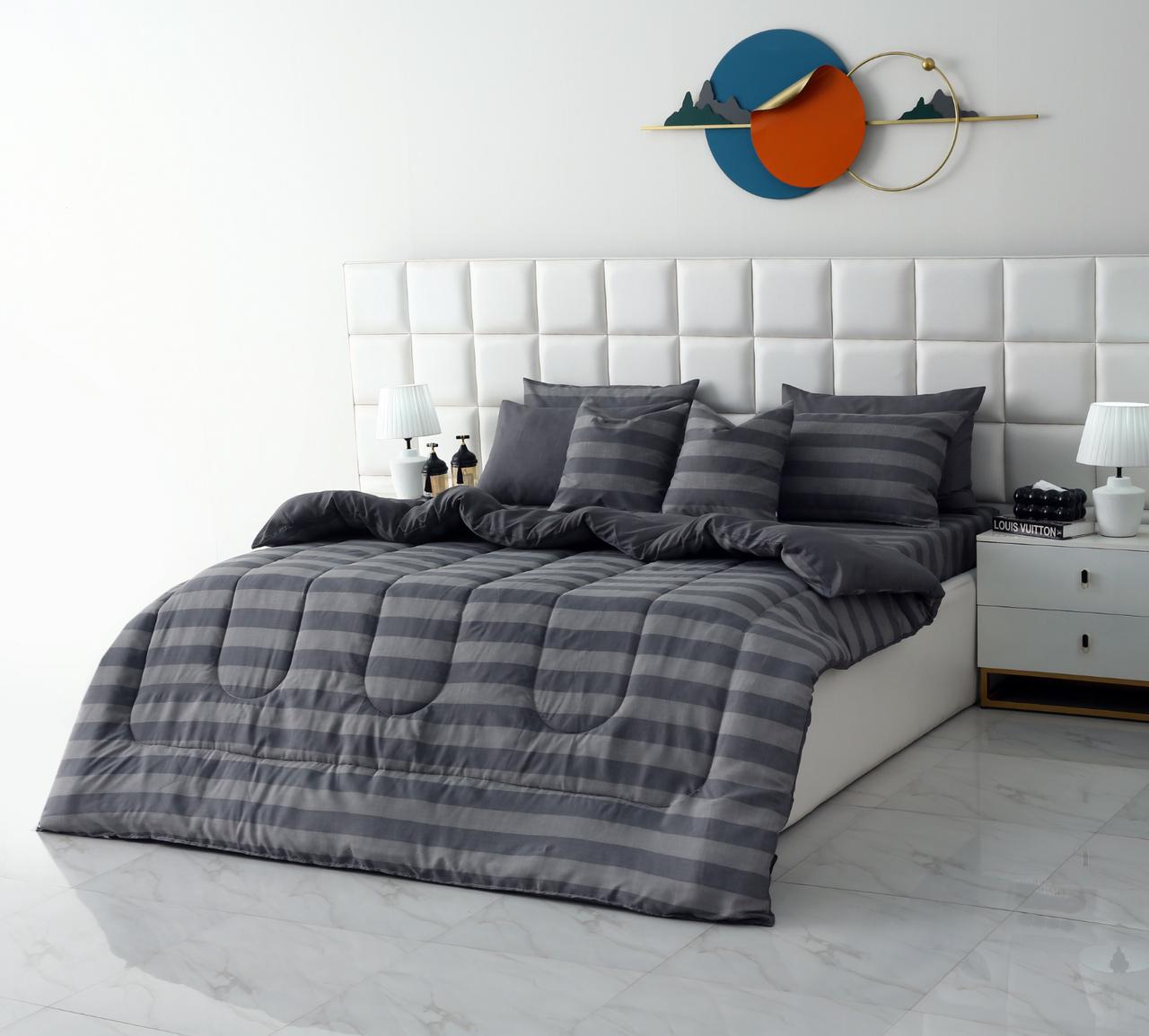 8 PCs Winter Razai Set-Charcoal Stripes Comforters Apricot