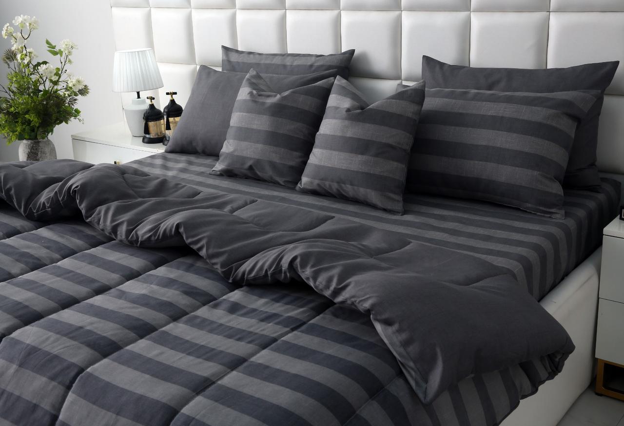 8 PCs Winter Razai Set-Charcoal Stripes Comforters Apricot