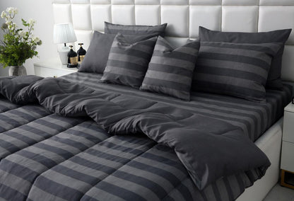 8 PCs Winter Razai Set-Charcoal Stripes Comforters Apricot