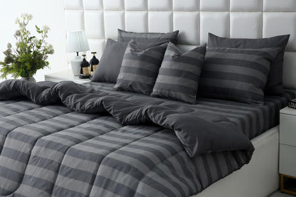 8 PCs Winter Razai Set-Charcoal Stripes Comforters Apricot