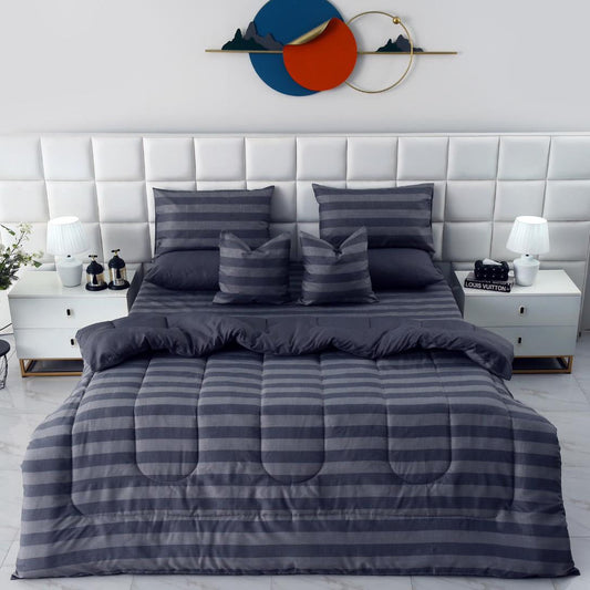 8 PCs Winter Razai Set-Charcoal Stripes Comforters Apricot