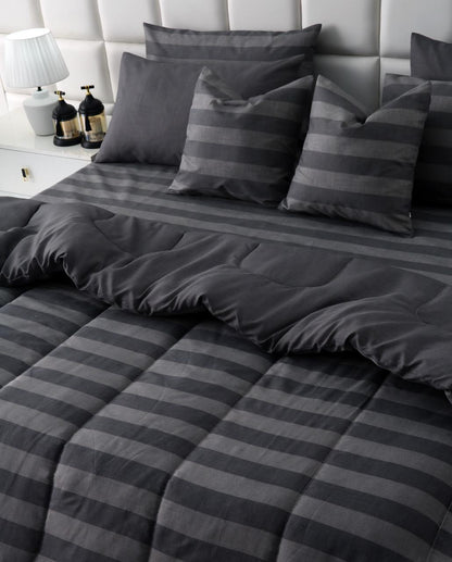 8 PCs Winter Razai Set-Charcoal Stripes Comforters Apricot