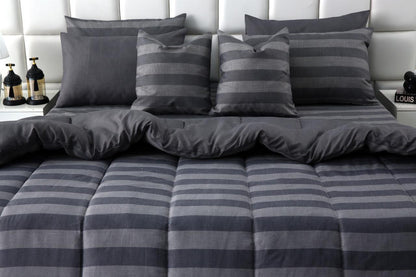 8 PCs Winter Razai Set-Charcoal Stripes Comforters Apricot