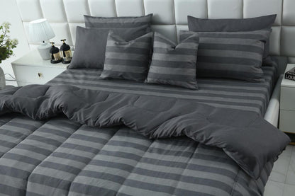 8 PCs Winter Razai Set-Charcoal Stripes Comforters Apricot