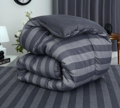 8 PCs Winter Razai Set-Charcoal Stripes Comforters Apricot