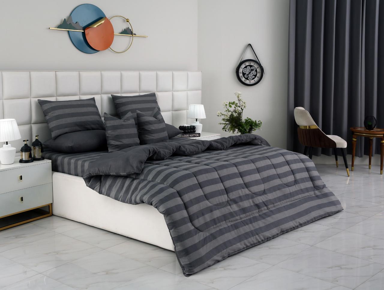 8 PCs Winter Razai Set-Charcoal Stripes Comforters Apricot