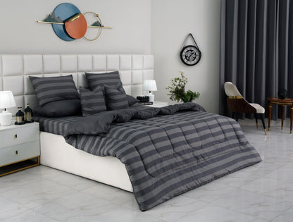 8 PCs Winter Razai Set-Charcoal Stripes Comforters Apricot