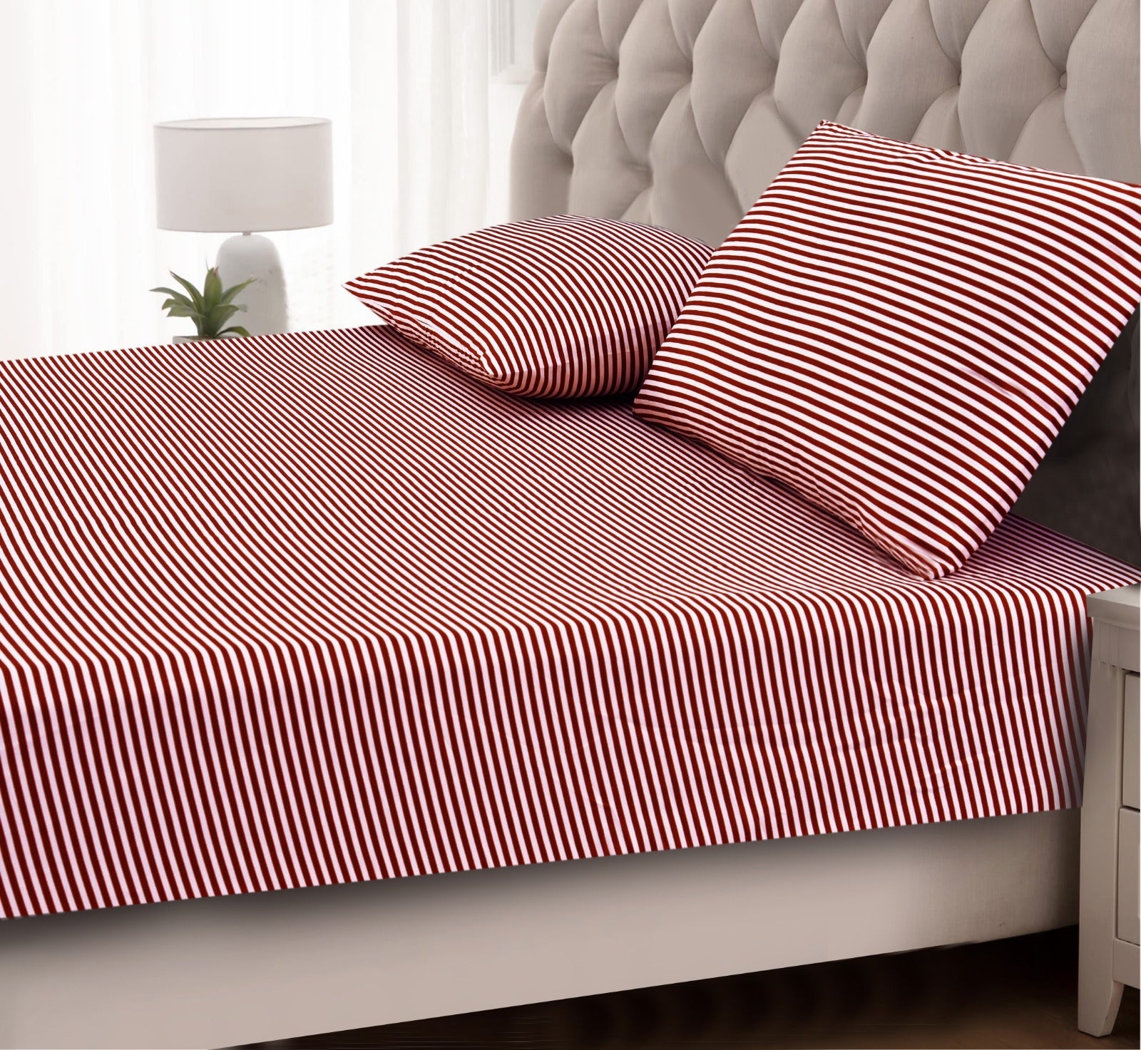 Fitted Bed Sheet-Maroon Stripes Fitted Sheets Apricot