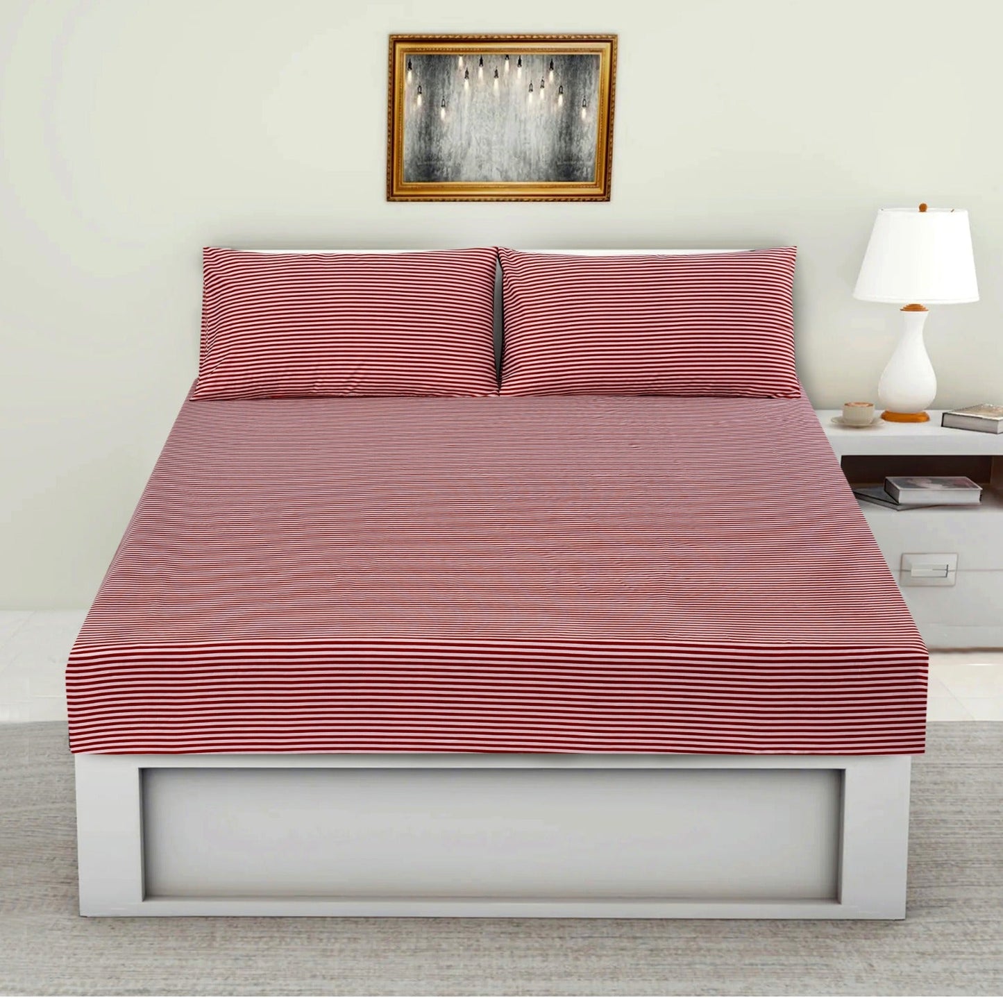 Fitted Bed Sheet-Maroon Stripes Fitted Sheets Apricot