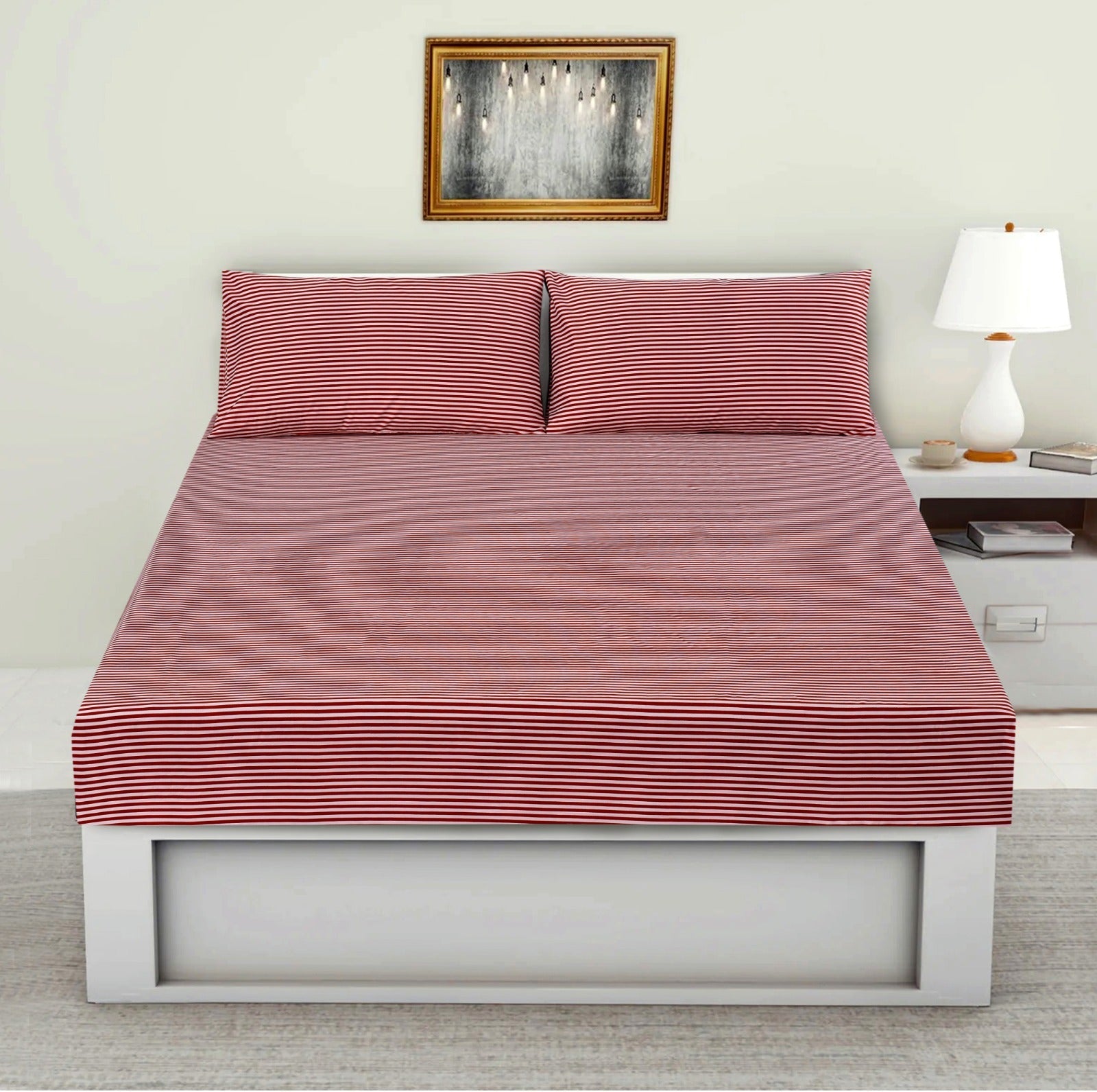 Fitted Bed Sheet-Maroon Stripes Fitted Sheets Apricot