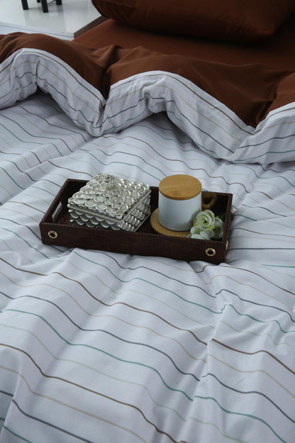 6 PCs Quilt Cover Set-Brown Stripes Duvet Cover Apricot