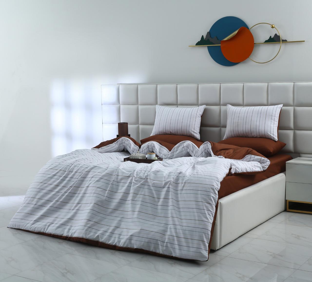 6 PCs Quilt Cover Set-Brown Stripes Duvet Cover Apricot