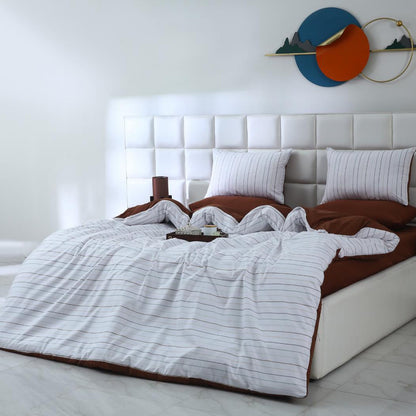 6 PCs Quilt Cover Set-Brown Stripes Duvet Cover Apricot