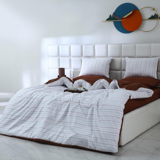 6 PCs Quilt Cover Set-Brown Stripes Duvet Cover Apricot