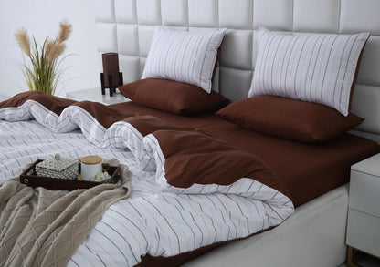 6 PCs Quilt Cover Set-Brown Stripes Duvet Cover Apricot