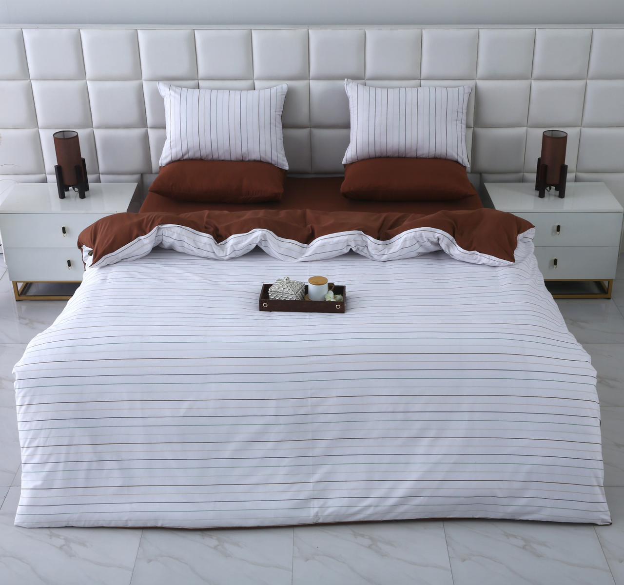 6 PCs Quilt Cover Set-Brown Stripes Duvet Cover Apricot