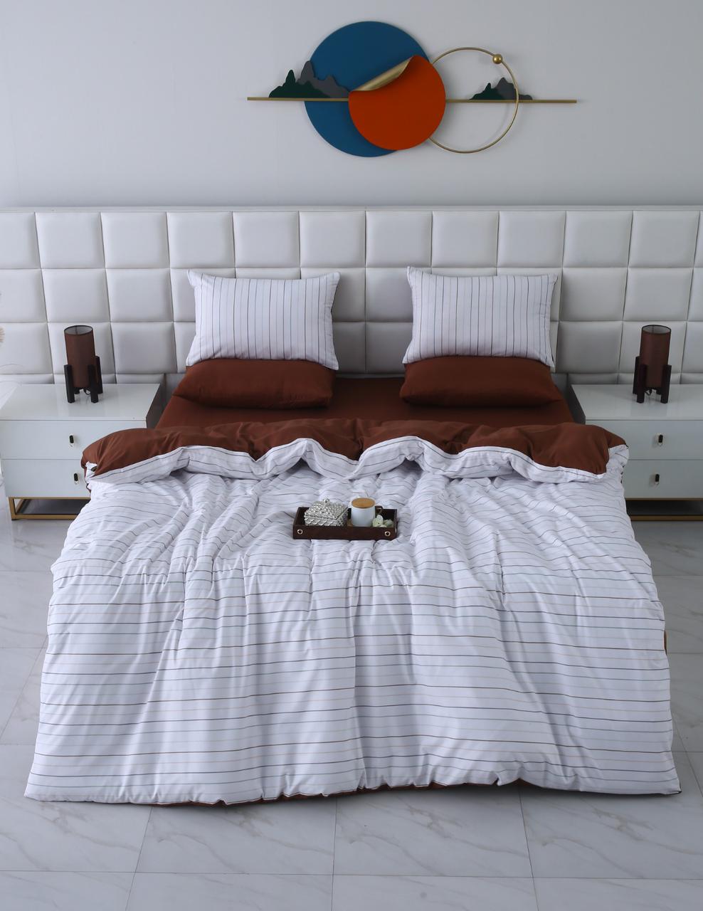 6 PCs Quilt Cover Set-Brown Stripes Duvet Cover Apricot