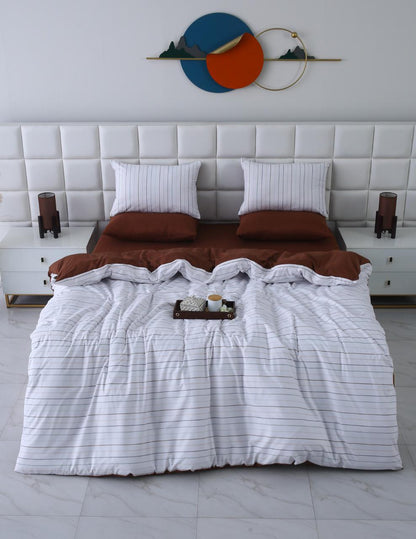 6 PCs Quilt Cover Set-Brown Stripes Duvet Cover Apricot