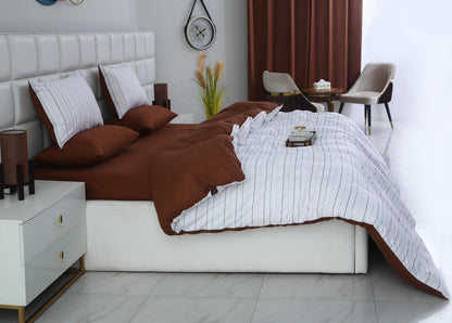6 PCs Quilt Cover Set-Brown Stripes Duvet Cover Apricot