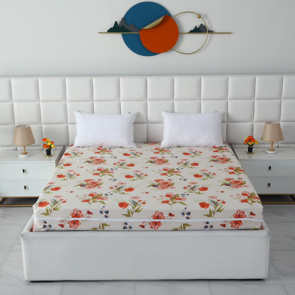 Zipper Mattress Cover Printed-Cosmic Bloom Protectors Apricot