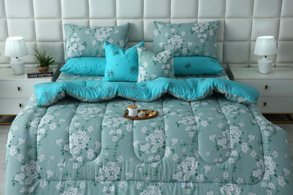 8 PCs Winter Razai Set-White Flowers Comforters Apricot