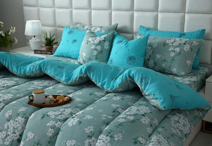 8 PCs Winter Razai Set-White Flowers Comforters Apricot