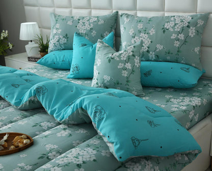 8 PCs Winter Razai Set-White Flowers Comforters Apricot