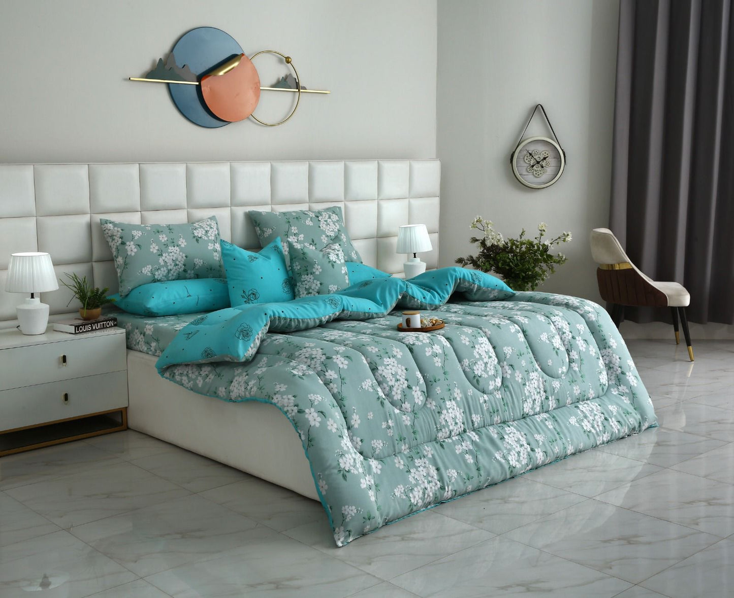 8 PCs Winter Razai Set-White Flowers Comforters Apricot