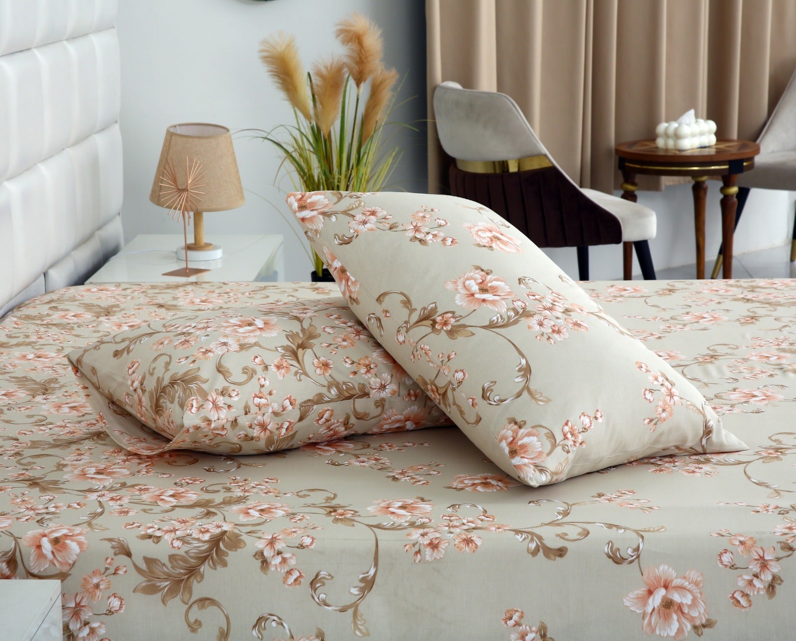 3 PCs Double Bed Sheet-DB247 Bed Sheets Apricot