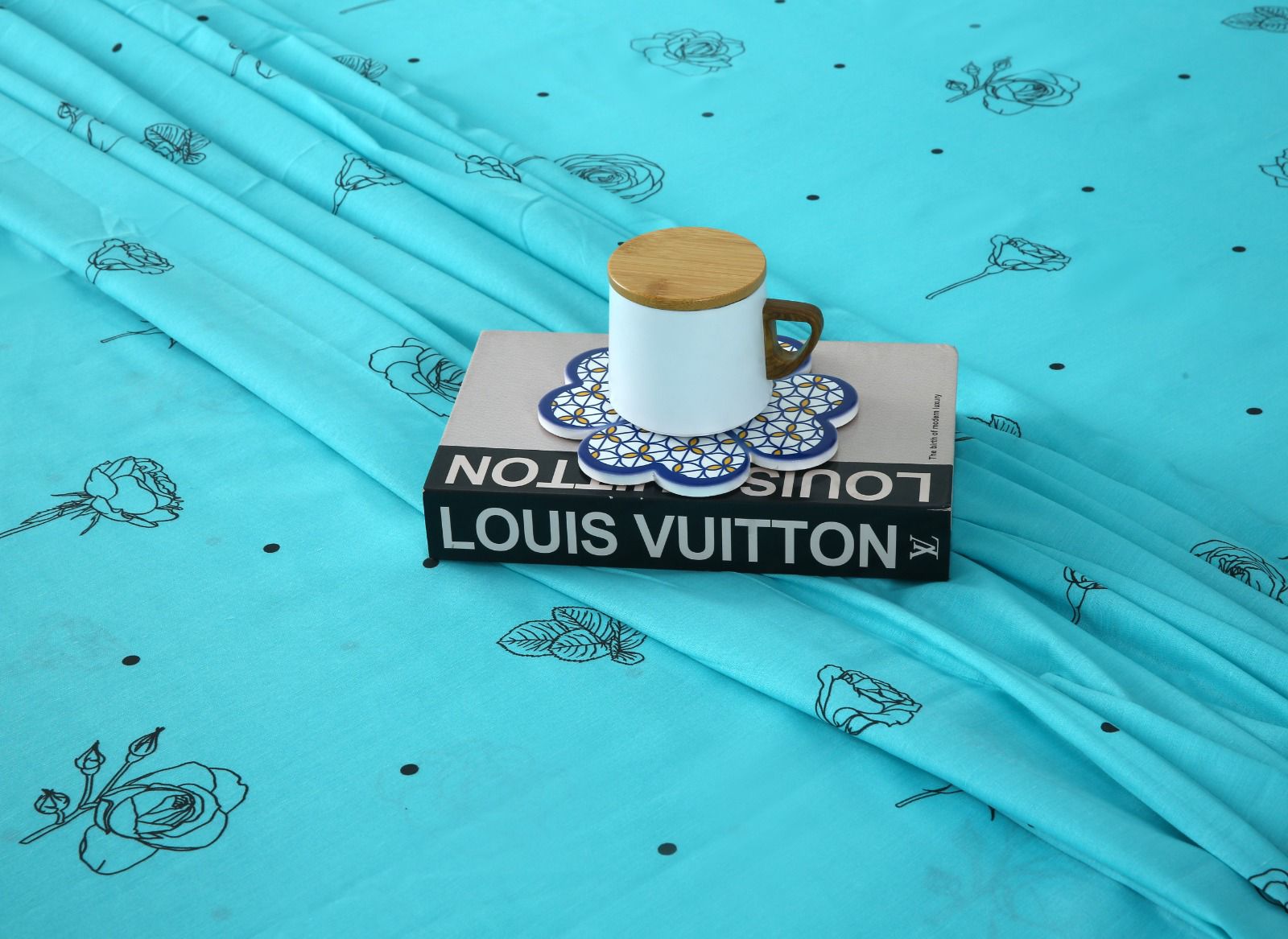 3 PCs Double Bed Sheet-Aqua Abstract Flower Bed Sheets Apricot