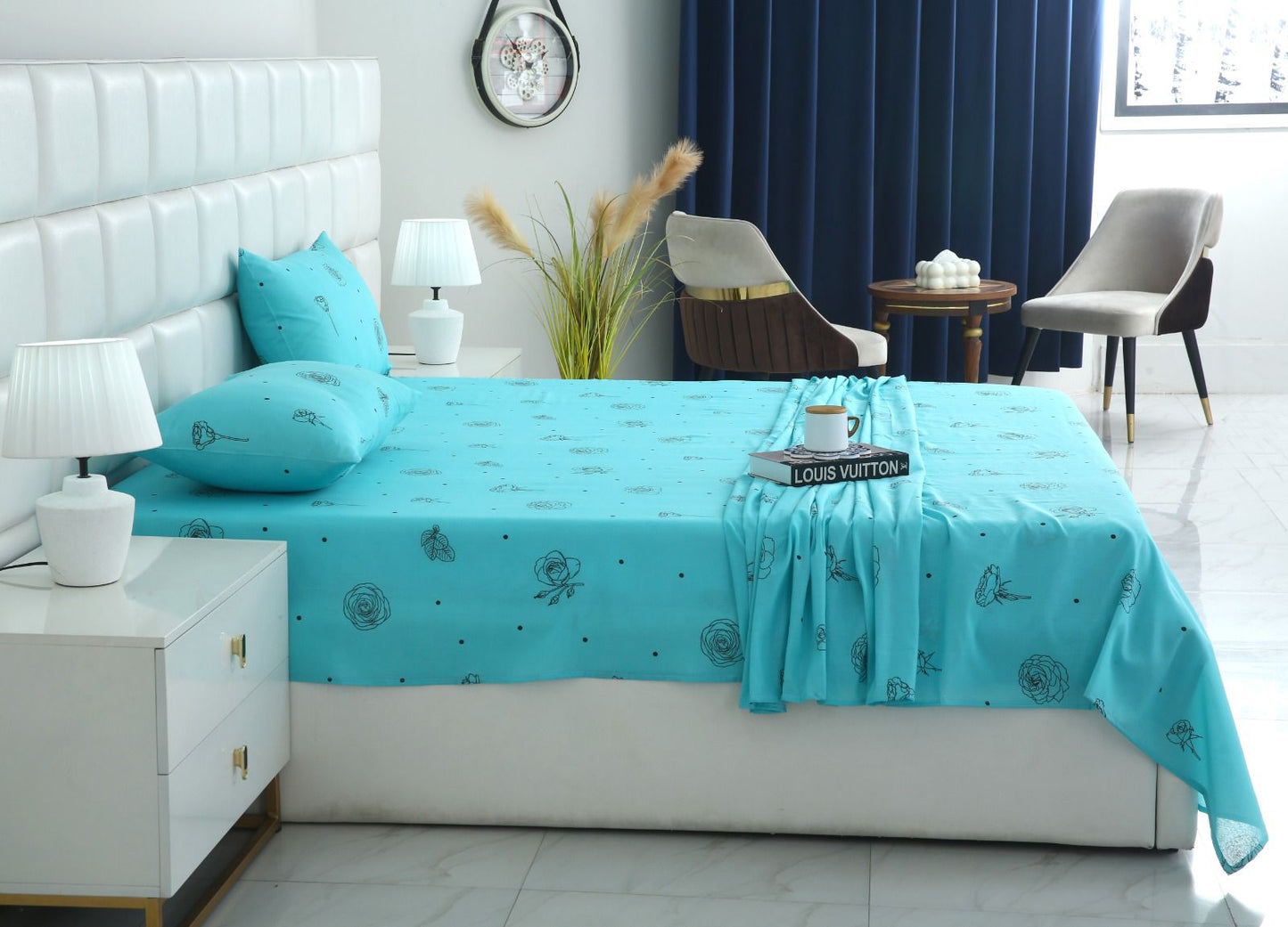 3 PCs Double Bed Sheet-Aqua Abstract Flower Bed Sheets Apricot