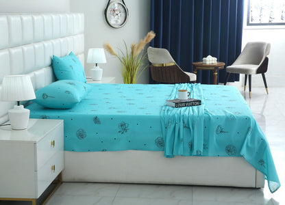 3 PCs Double Bed Sheet-Aqua Abstract Flower Bed Sheets Apricot
