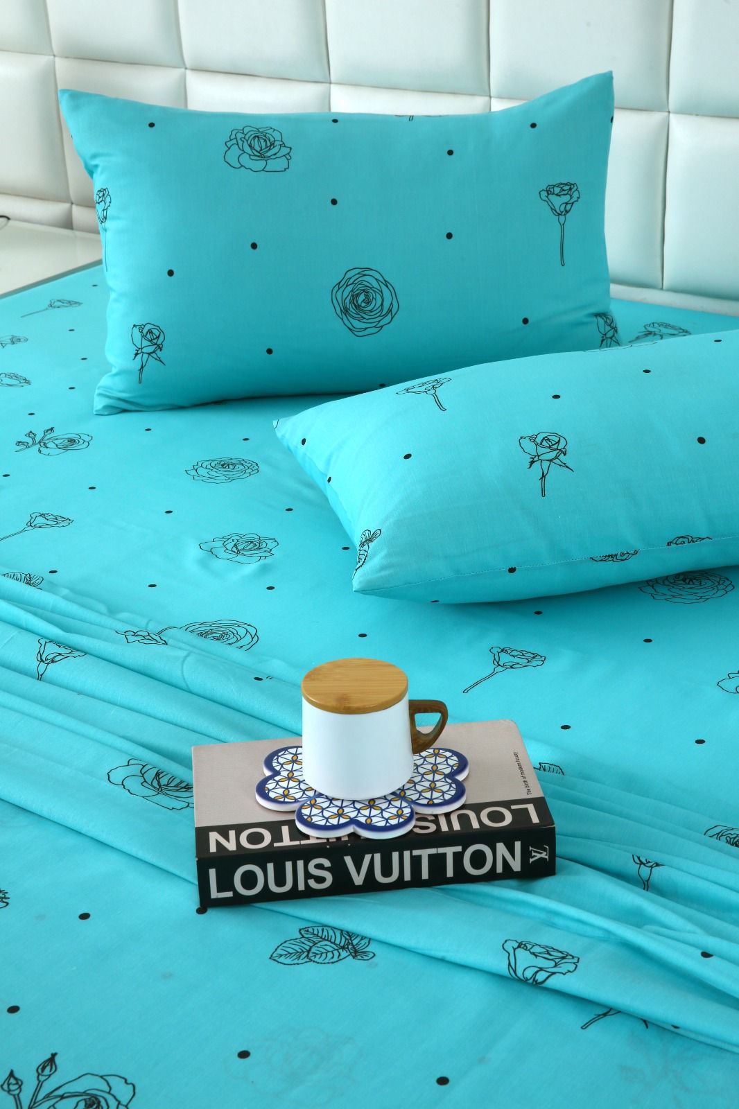 3 PCs Double Bed Sheet-Aqua Abstract Flower Bed Sheets Apricot