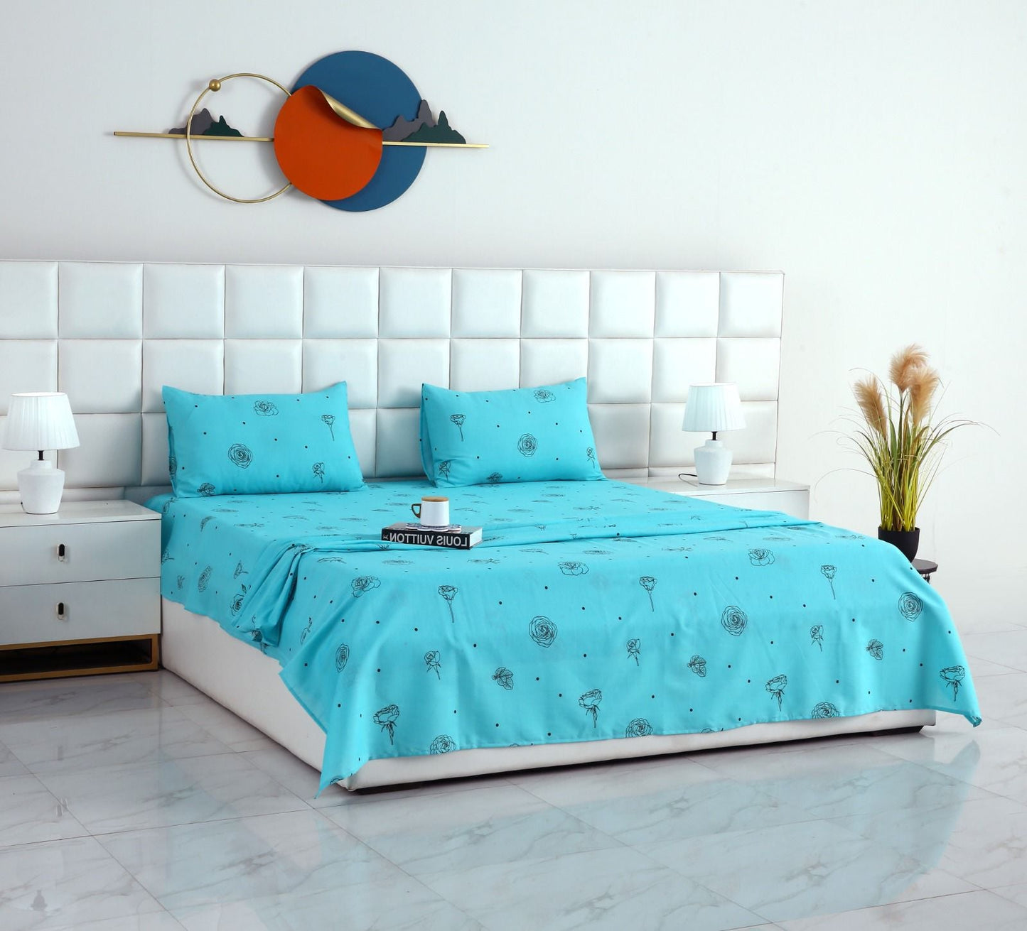 3 PCs Double Bed Sheet-Aqua Abstract Flower Bed Sheets Apricot