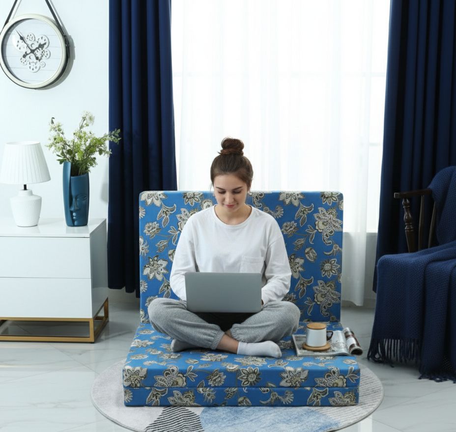 Foldable Mattress Mattress-Blue Flowers Protectors Apricot