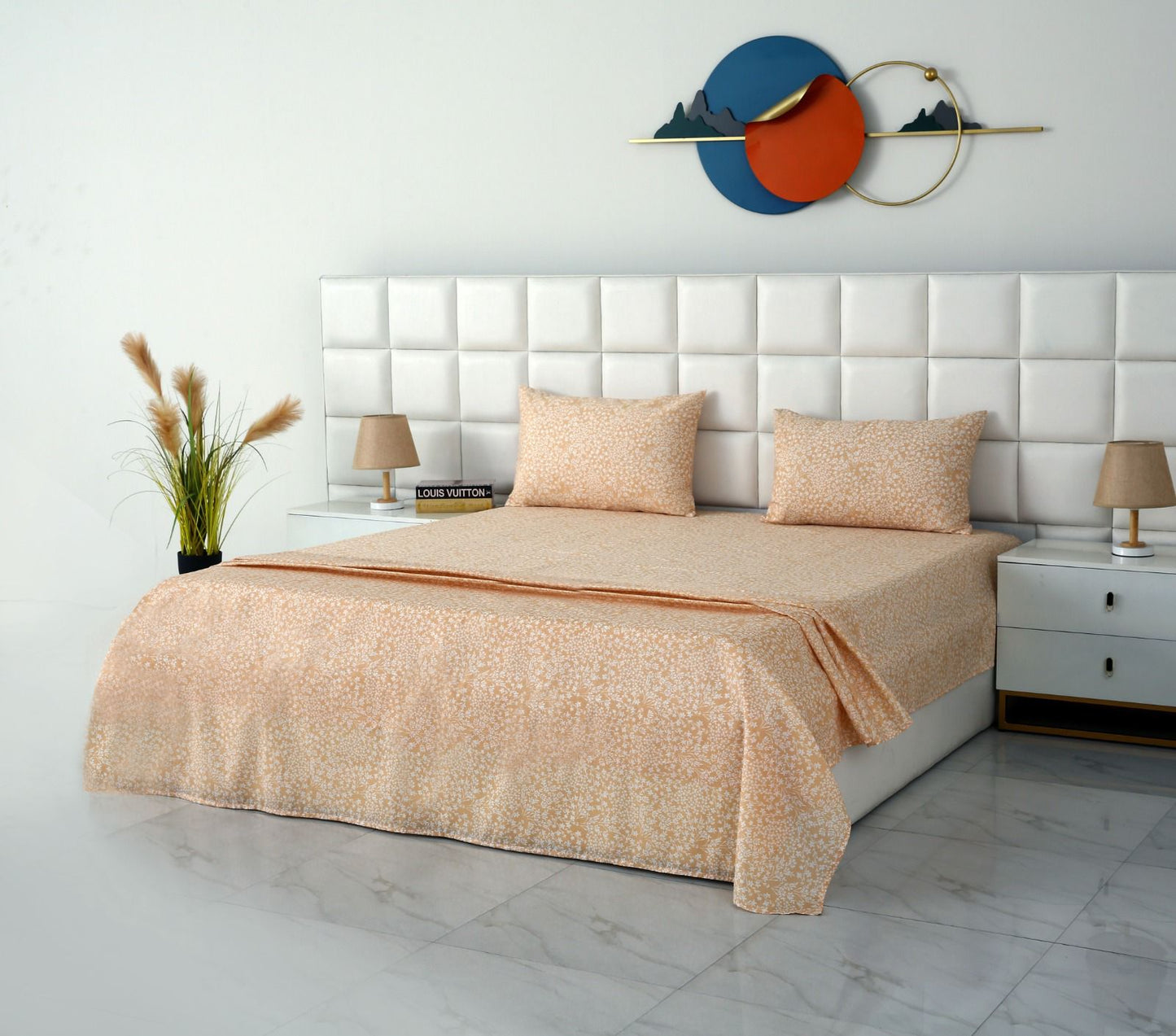 3 PCs Double Bed Sheet-Beige Bloom Bed Sheets Apricot
