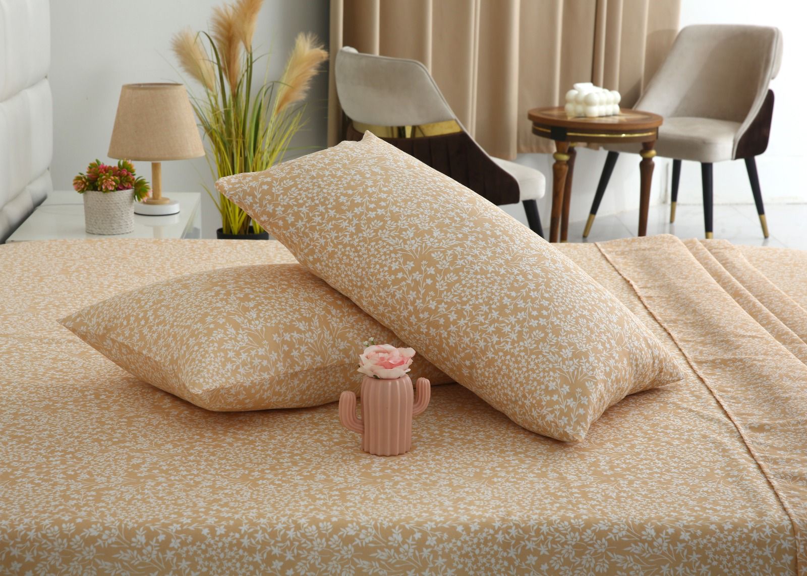 3 PCs Double Bed Sheet-Beige Bloom Bed Sheets Apricot