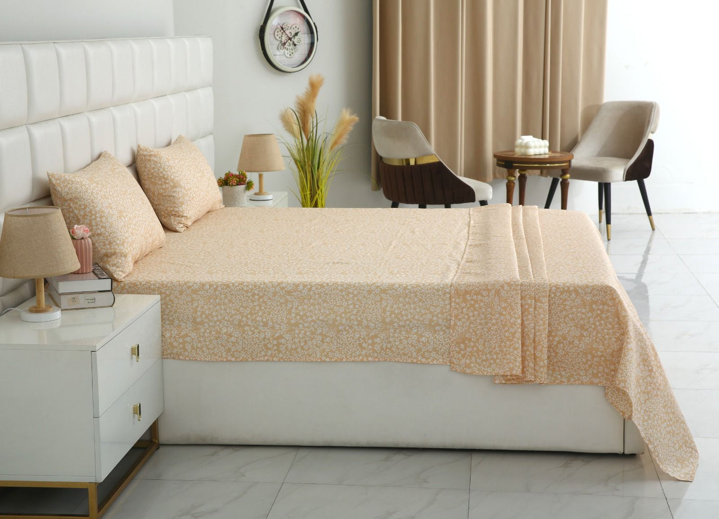 3 PCs Double Bed Sheet-Beige Bloom Bed Sheets Apricot