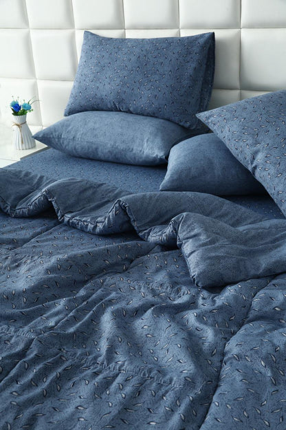 6 PCs Summer Comforter Set-Blue Feathers Bed Spread Apricot